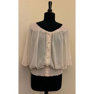 Charlotte Russe Sheer Cream Lace Trim Pearl Buttons Blouse - Sz M